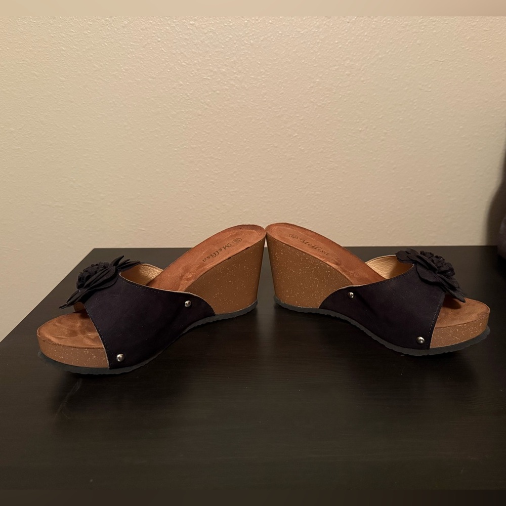 Black Wedge Sandals with Floral Accent, NWOT - Picture 2 of 4